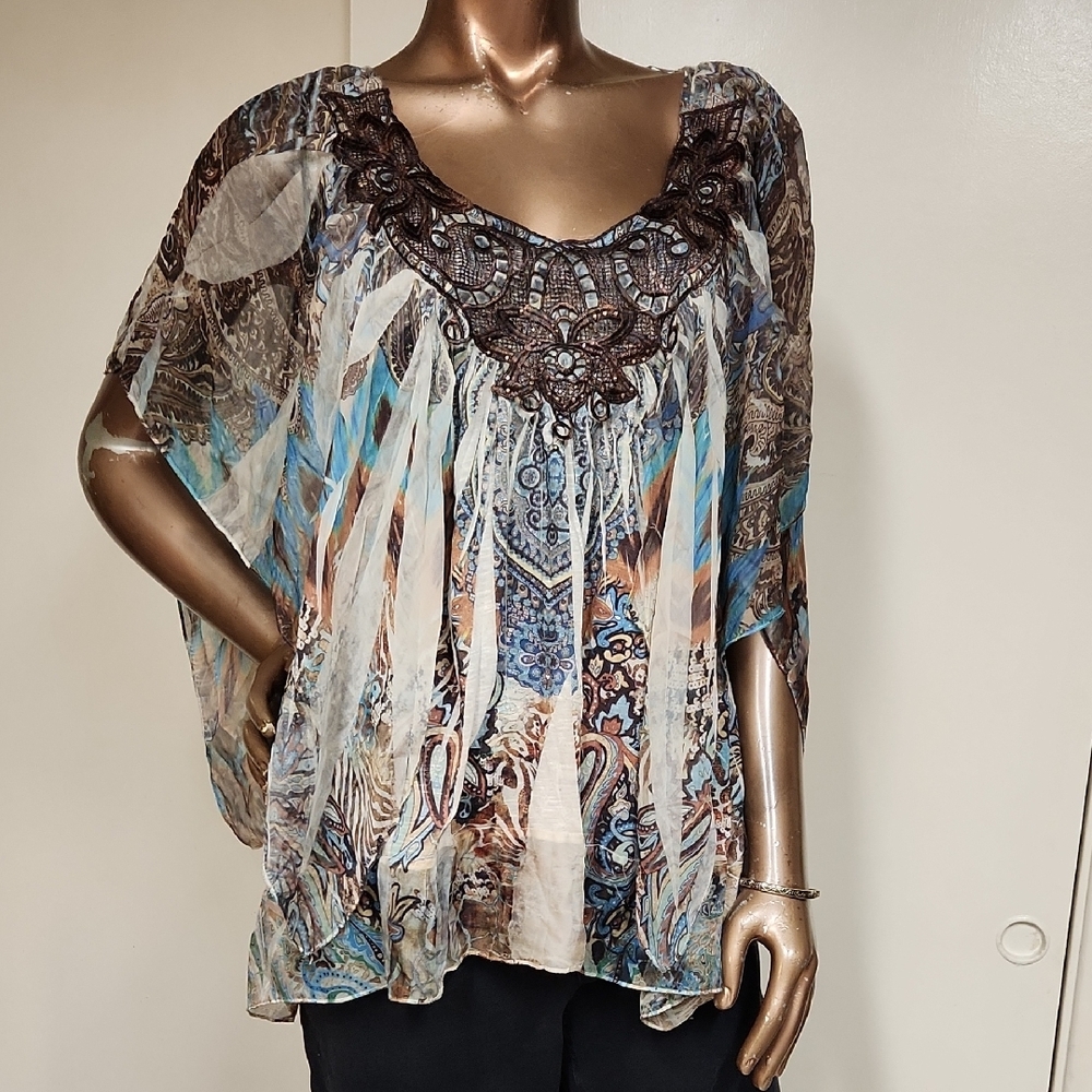 ONE WORLD Blue and Brown Relaxed Asymmetrical Embellished Blouse